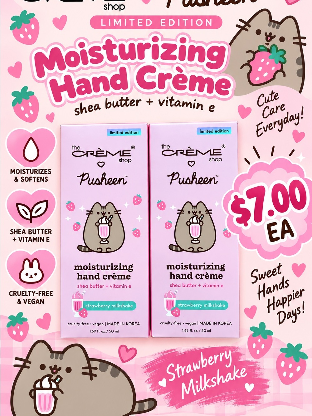 The Crème Shop Pusheen Moisturizing Hand Crème – Pink (Strawberry Milkshake)